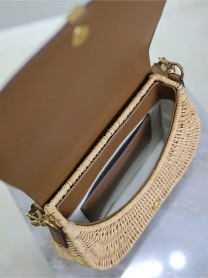 Voltaire Small Leather-Trimmed Straw Shoulder Bag