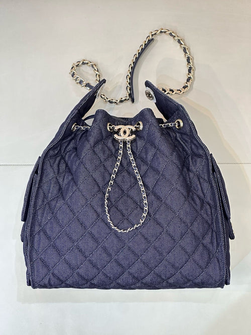 2026 Chain-Strap Tote Bag in Dark Blue Vintage Quilted Denim AS5311 B24037 U9373