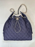 2026 Chain-Strap Tote Bag in Dark Blue Vintage Quilted Denim AS5311 B24037 U9373