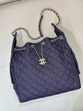 2026 Chain-Strap Tote Bag in Dark Blue Vintage Quilted Denim AS5311 B24037 U9373