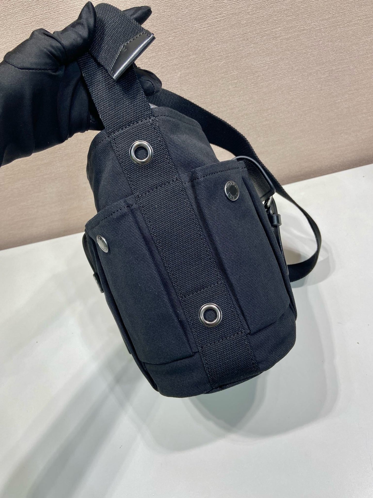 2026 Black Mini Canvas and Leather Bucket Bag 1BE106_2G6S_F0002_V_OOO